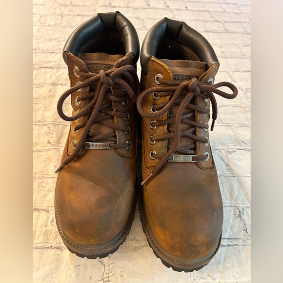 SKECHERS BROWN LEATHER AIR-COOLED MEMORY FOAM WATERPROOF WORK BOOTS MENS SIZE 8 - Picture 2 of 14